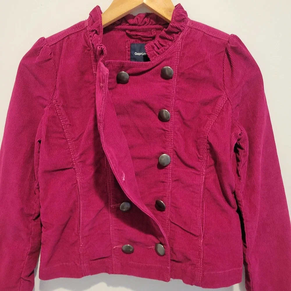 Gap Kids Girls Size L 10‎ Raspberry Pink Corduroy Jacket Ruffles Double Breasted - Picture 2 of 5